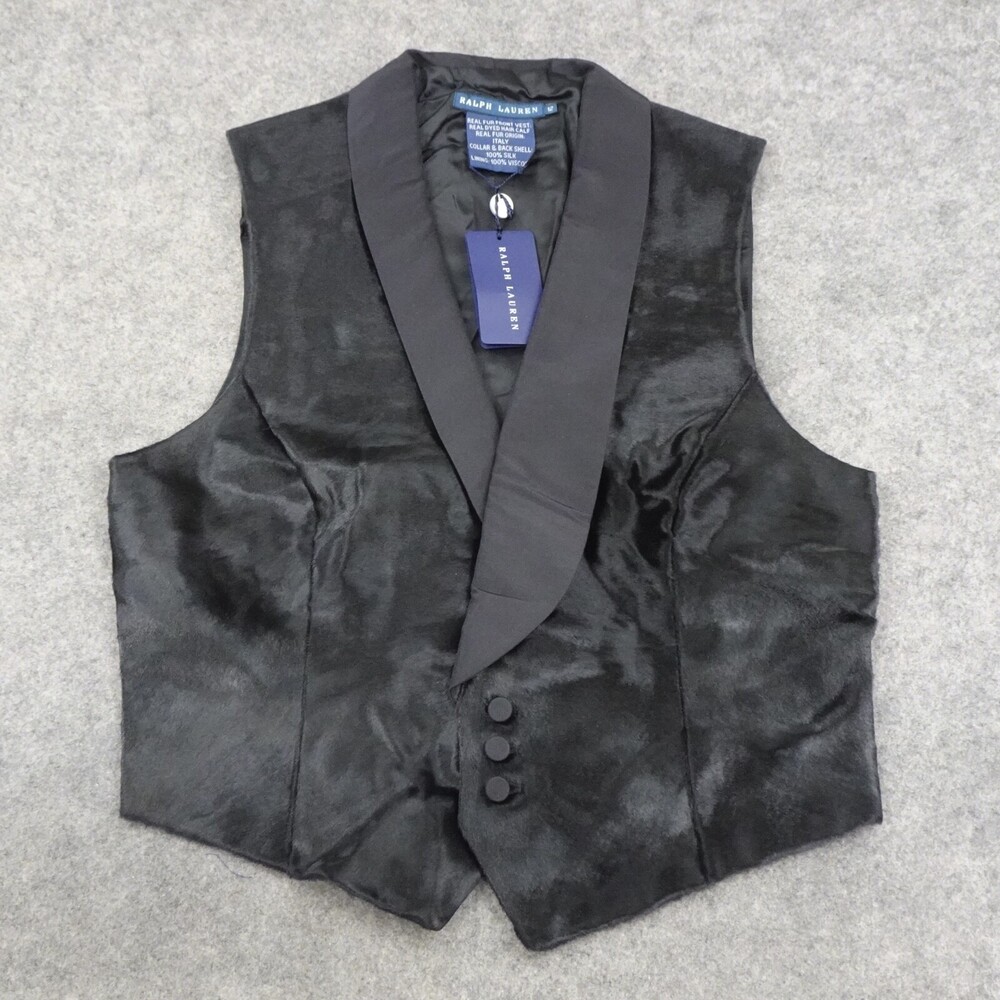 Ralph Lauren Vest Womens 12 Blue Label Black Silk Sleeveless Calf Hair Collar C